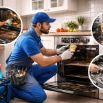 فني صيانة أفران محترف أثناء إصلاح فرن داخل مطبخ منزلي حديث